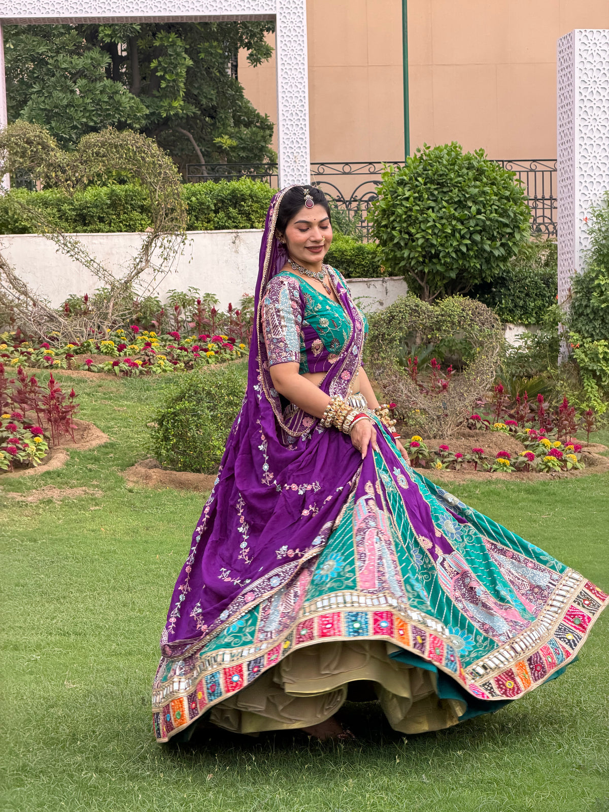 Purple & Teal Green Jodi Lehenga with Embroidery | Radhika Boutique