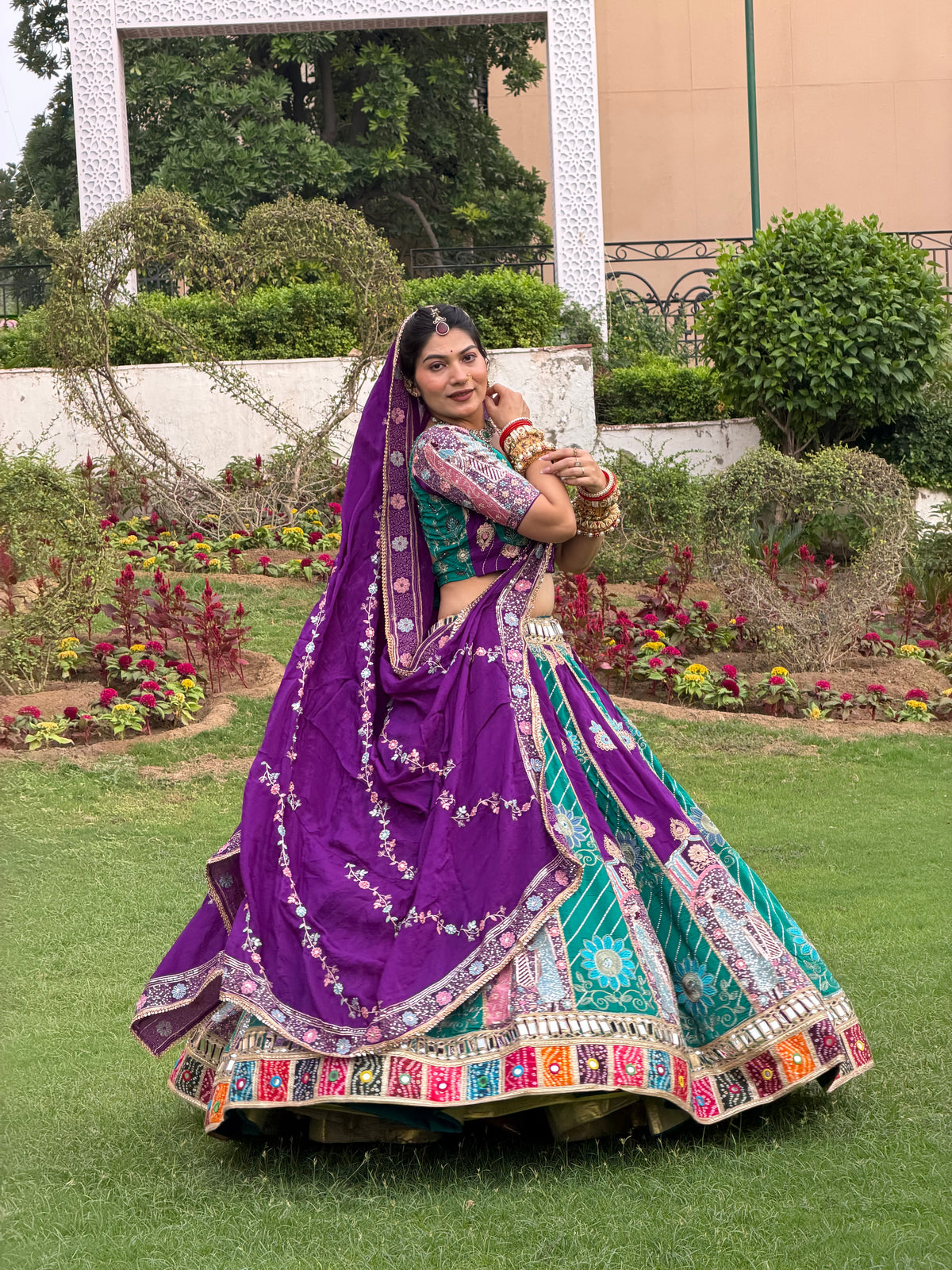 Purple & Teal Green Jodi Lehenga with Embroidery | Radhika Boutique