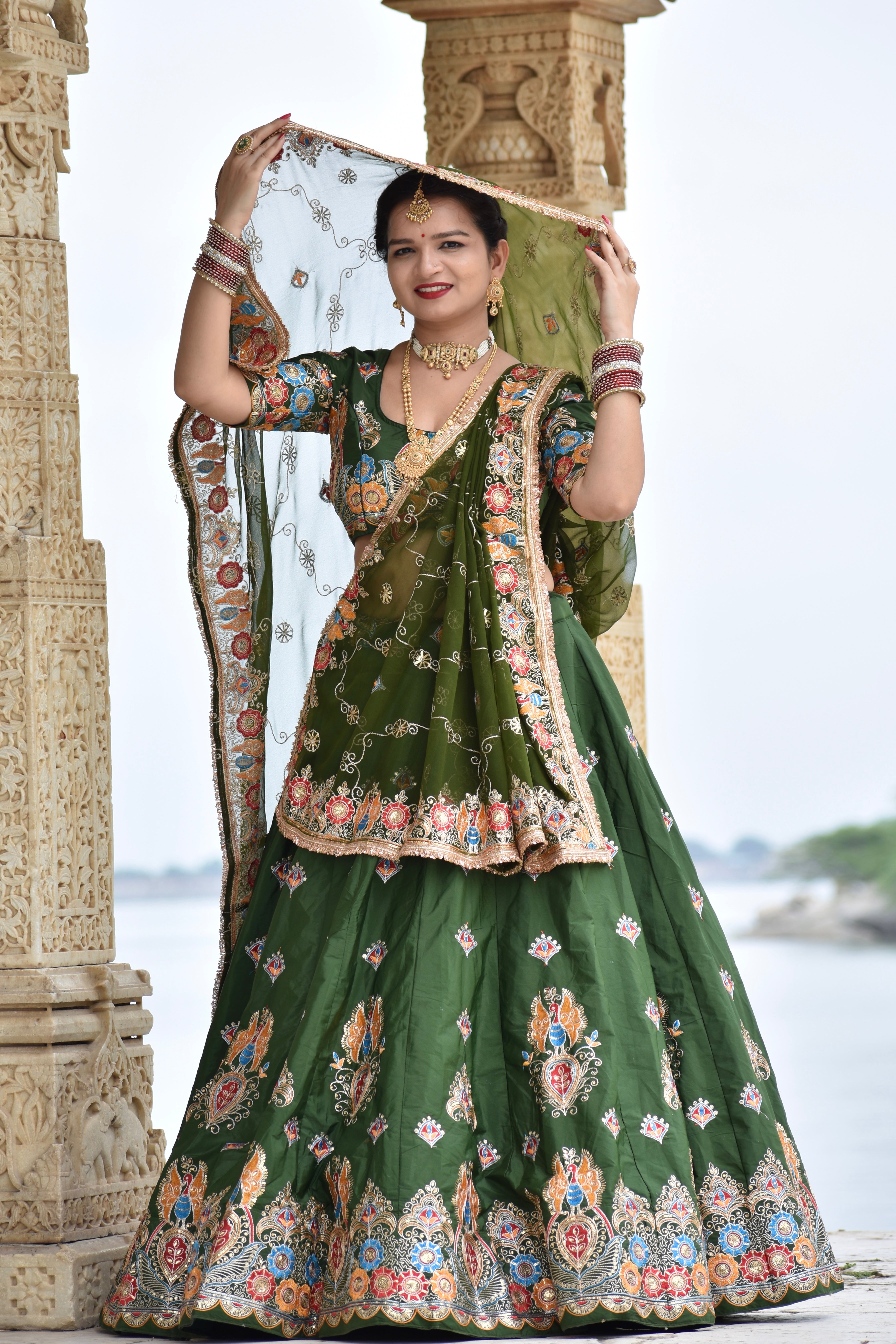 Designer Green Embroidered Lehenga with Dupatta | Wedding Wear