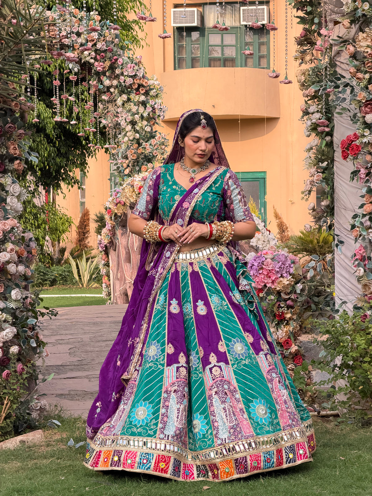 Purple & Teal Green Jodi Lehenga with Embroidery | Radhika Boutique