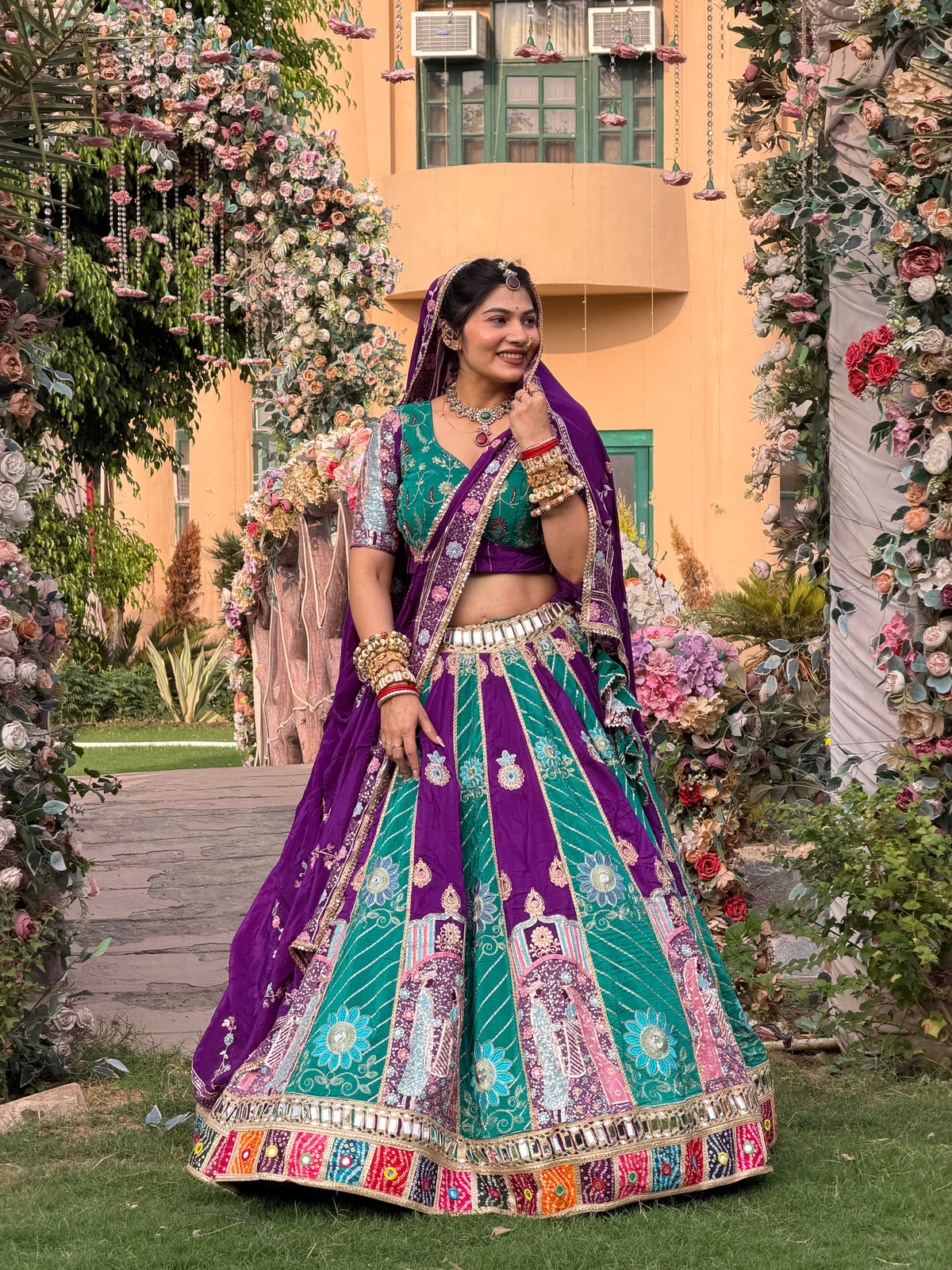 Purple & Teal Green Jodi Lehenga with Embroidery | Radhika Boutique