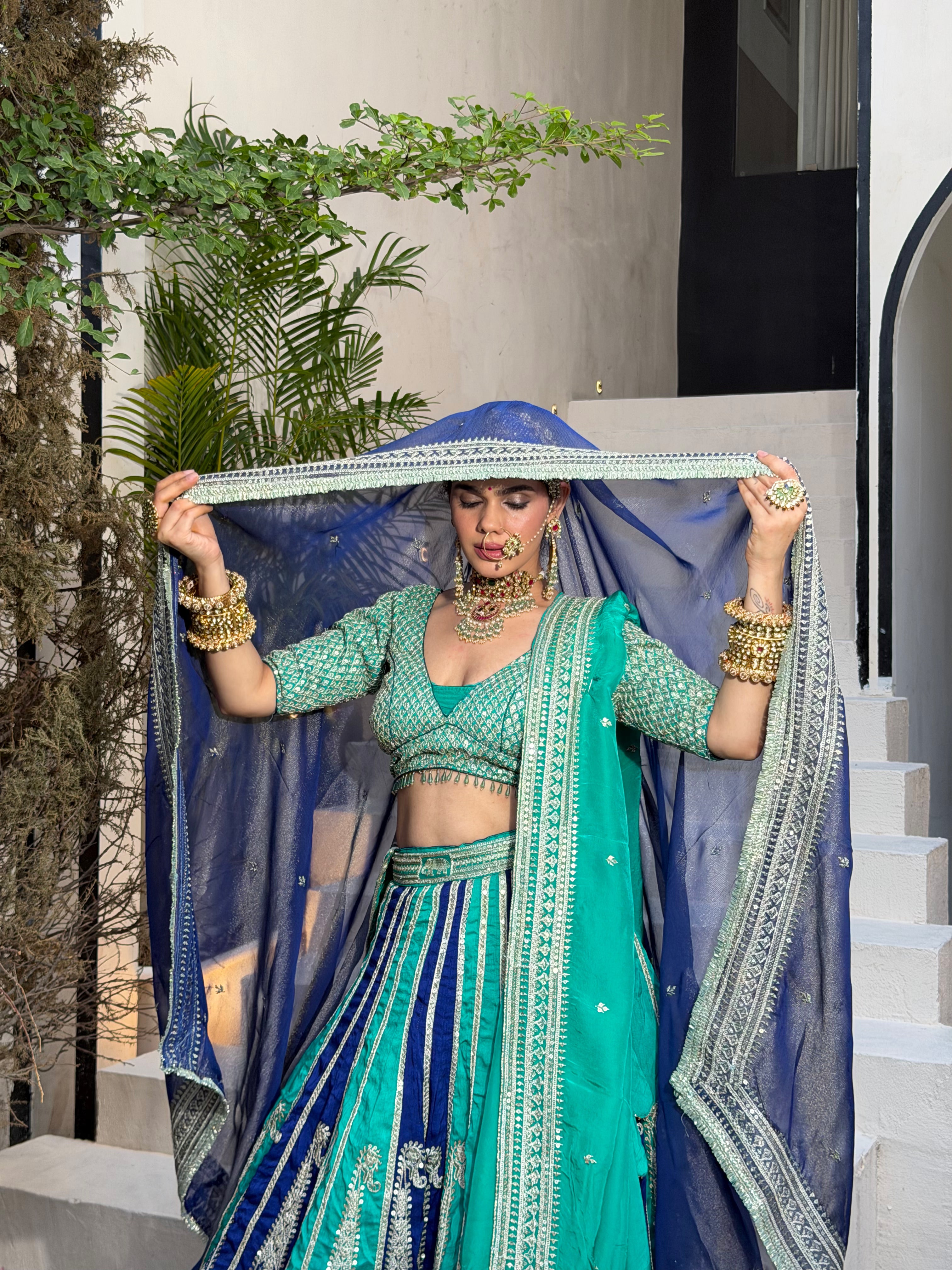 Sabyasachi Inspired Blue & Sea Green Lehenga for Bridal & Wedding Wear