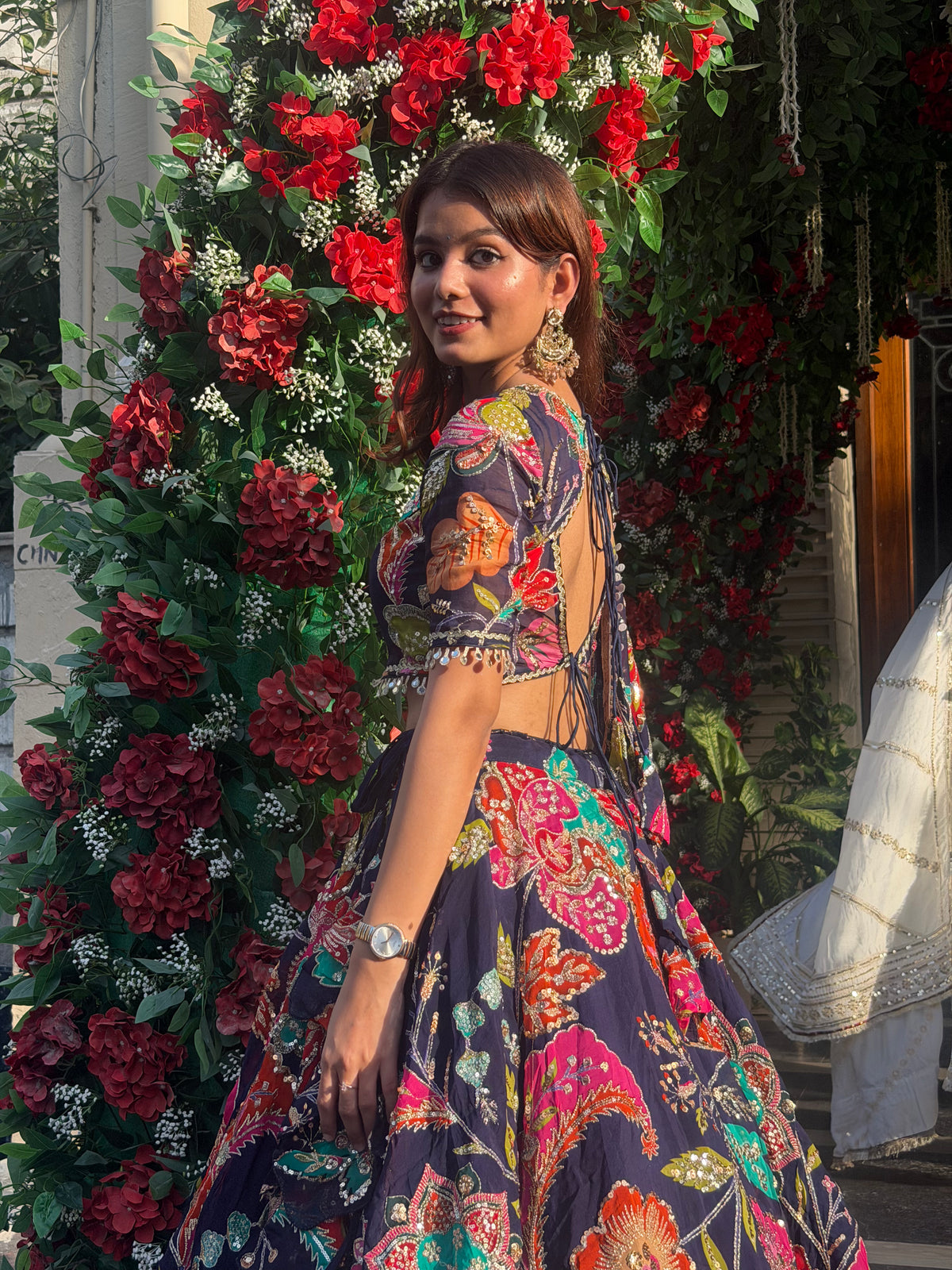Navy Blue Jugni Lehenga with Floral Print | Designer Ethnic Wear