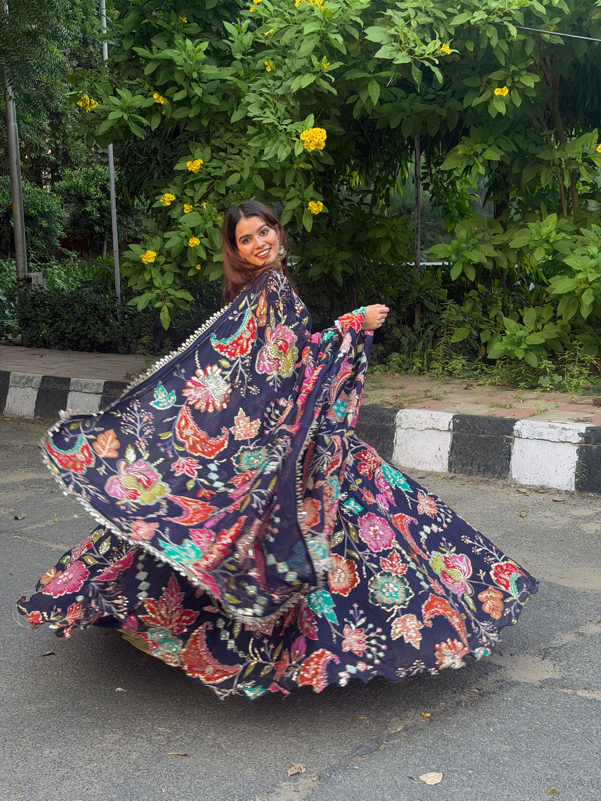 Navy Blue Jugni Lehenga with Floral Print | Designer Ethnic Wear