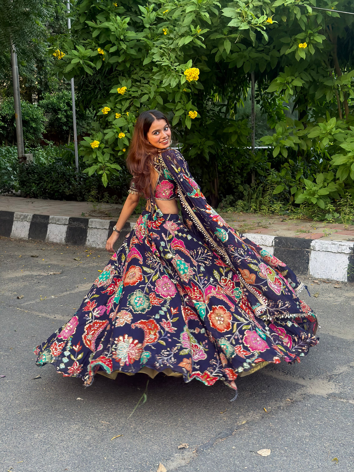 Navy Blue Jugni Lehenga with Floral Print | Designer Ethnic Wear