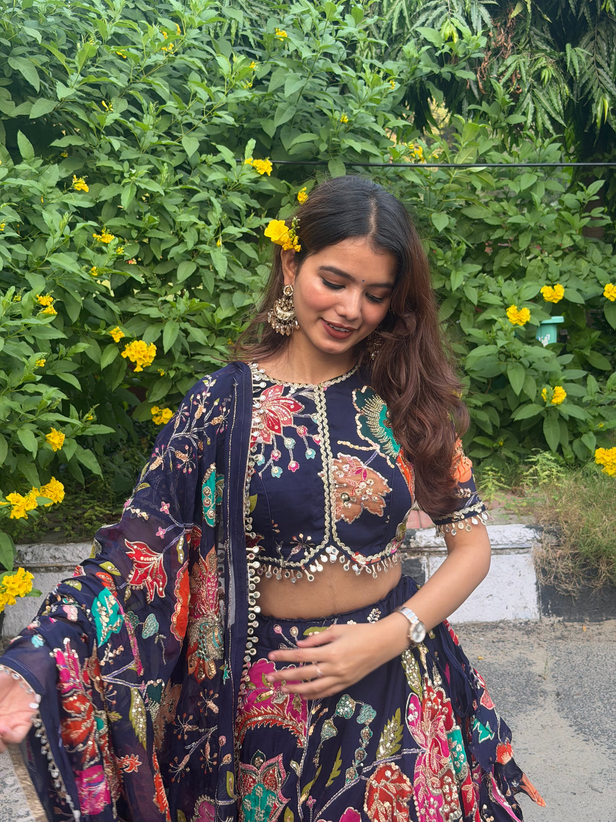 Navy Blue Jugni Lehenga with Floral Print | Designer Ethnic Wear