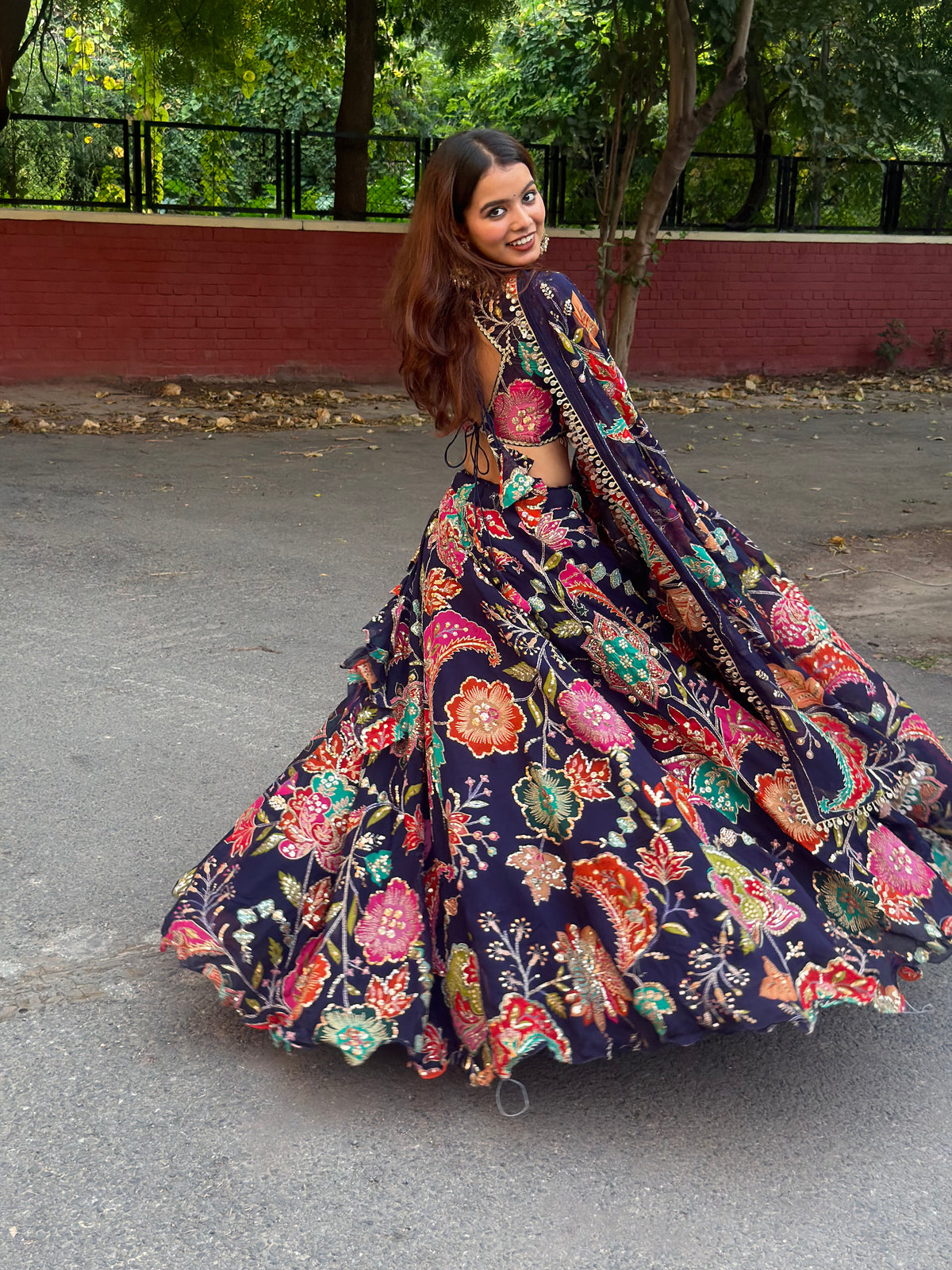 Navy Blue Jugni Lehenga with Floral Print | Designer Ethnic Wear