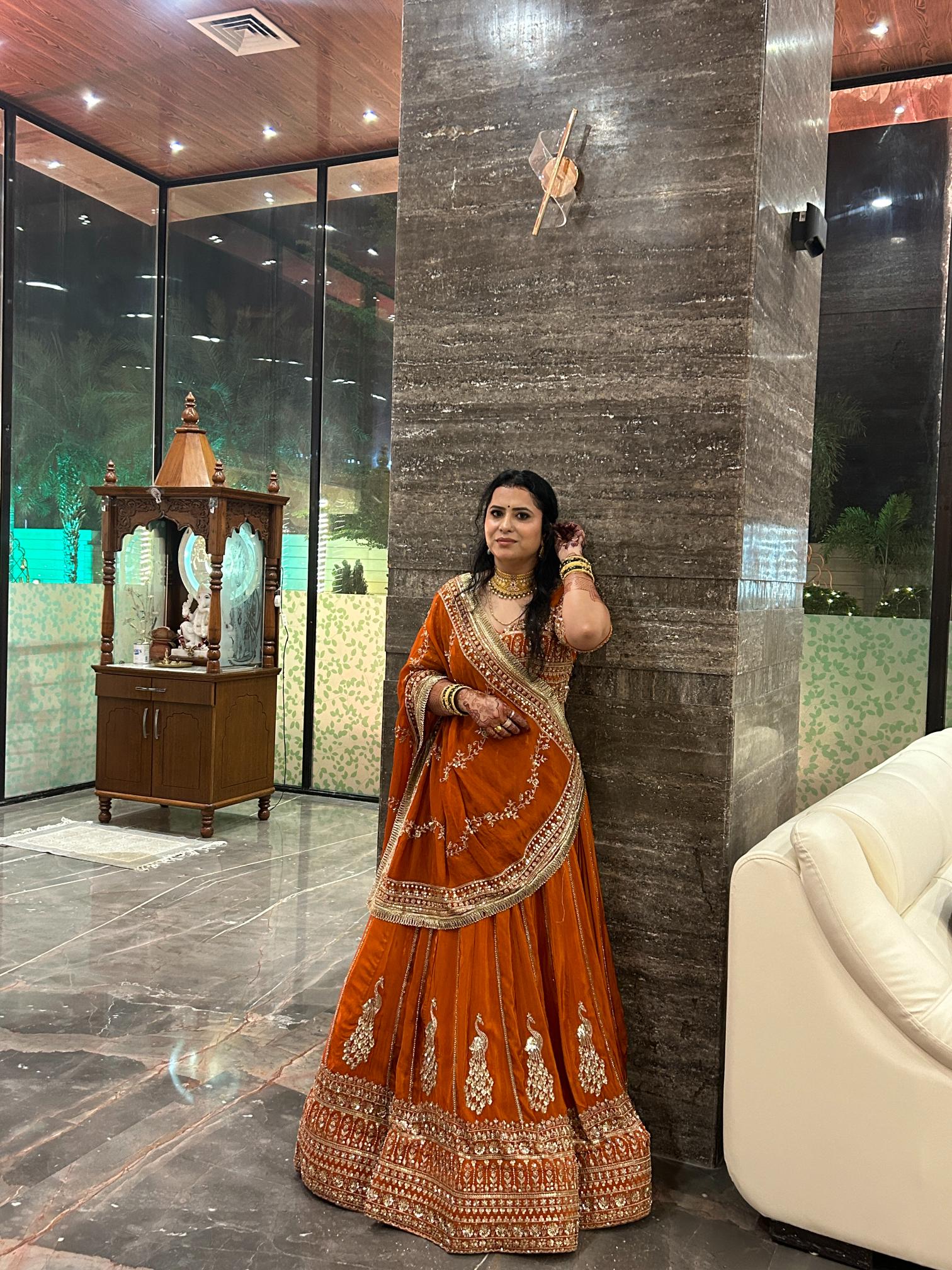 Aaina Rust Orange Embroidered Lehenga – Designer Wedding & Festive Wear