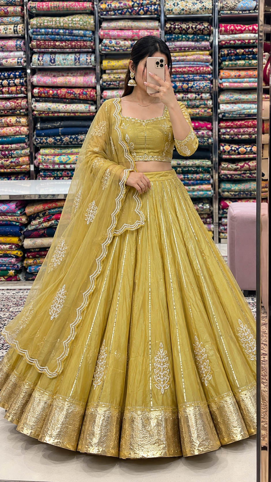 Olive Green Lehenga with Gold Kaccha Gota Patti Work | Radhika Boutique