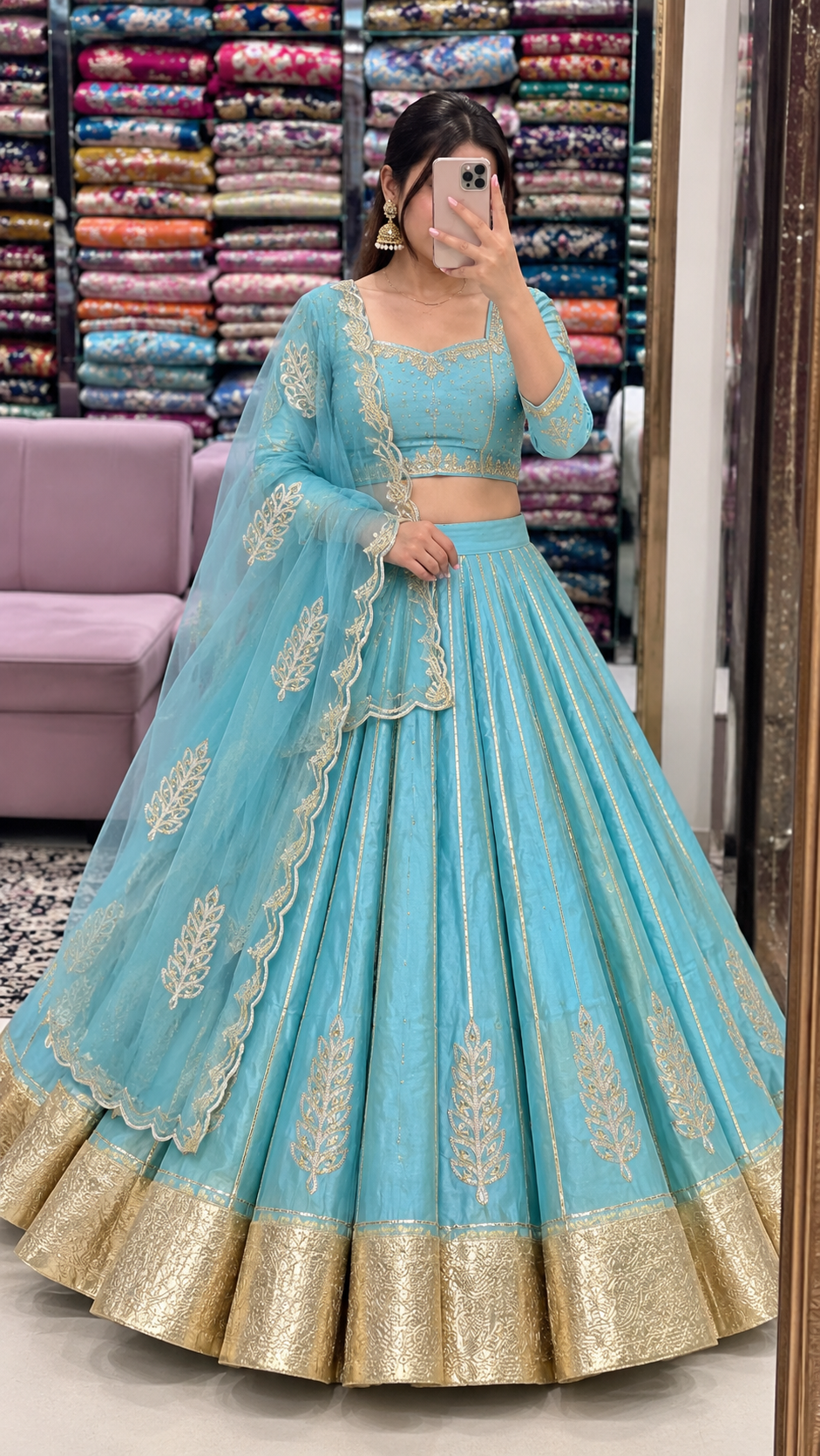 Sky Blue Lehenga with Gold Kaccha Gota Patti Work | Radhika Boutique