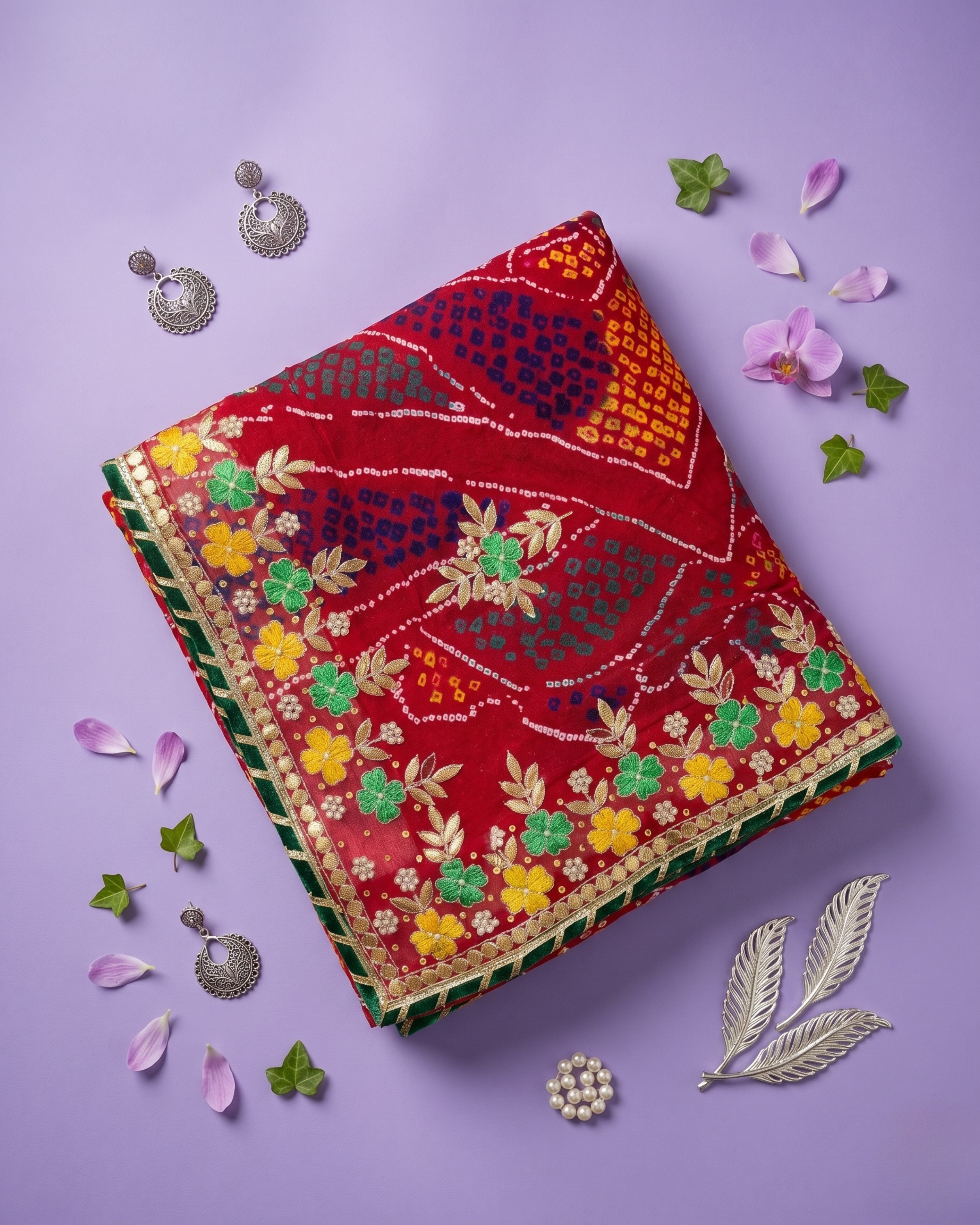Bridal Red Jardozi Chunri with Floral Border | Pure Shekhawati Bandhej Dupatta