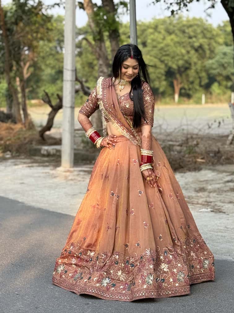 Peach Brown Embroidered Lehenga for Weddings | Designer Wear | Radhika Boutique