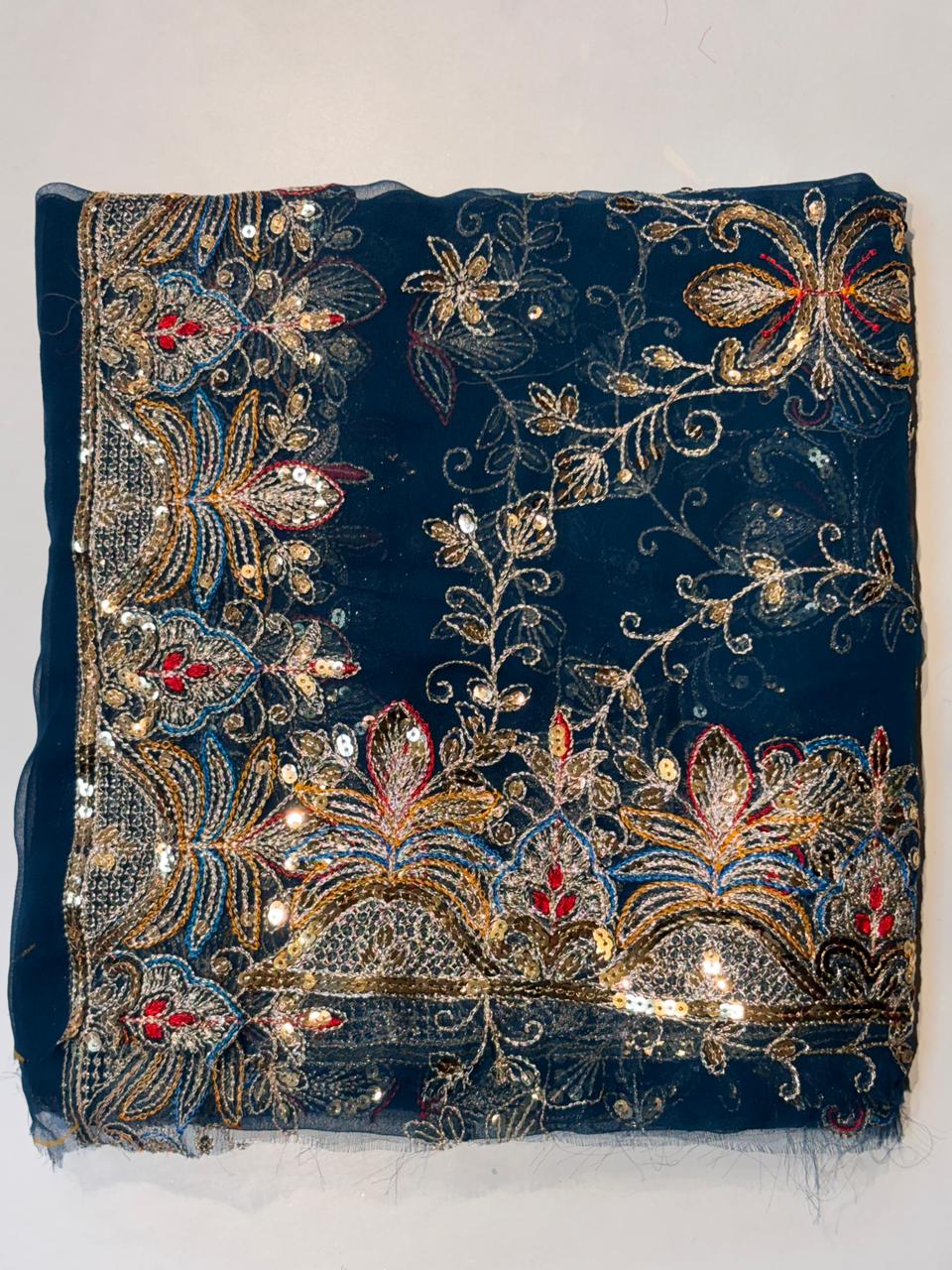 Navy Blue Heavy Embroidered Odhni | Premium Wedding & Party Dupatta