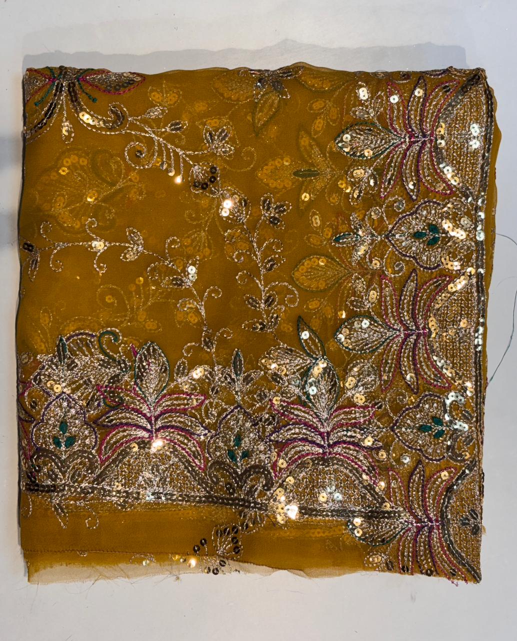 Mustard Yellow Heavy Embroidered Dupatta with Zari & Sequin Work | Radhika Boutique