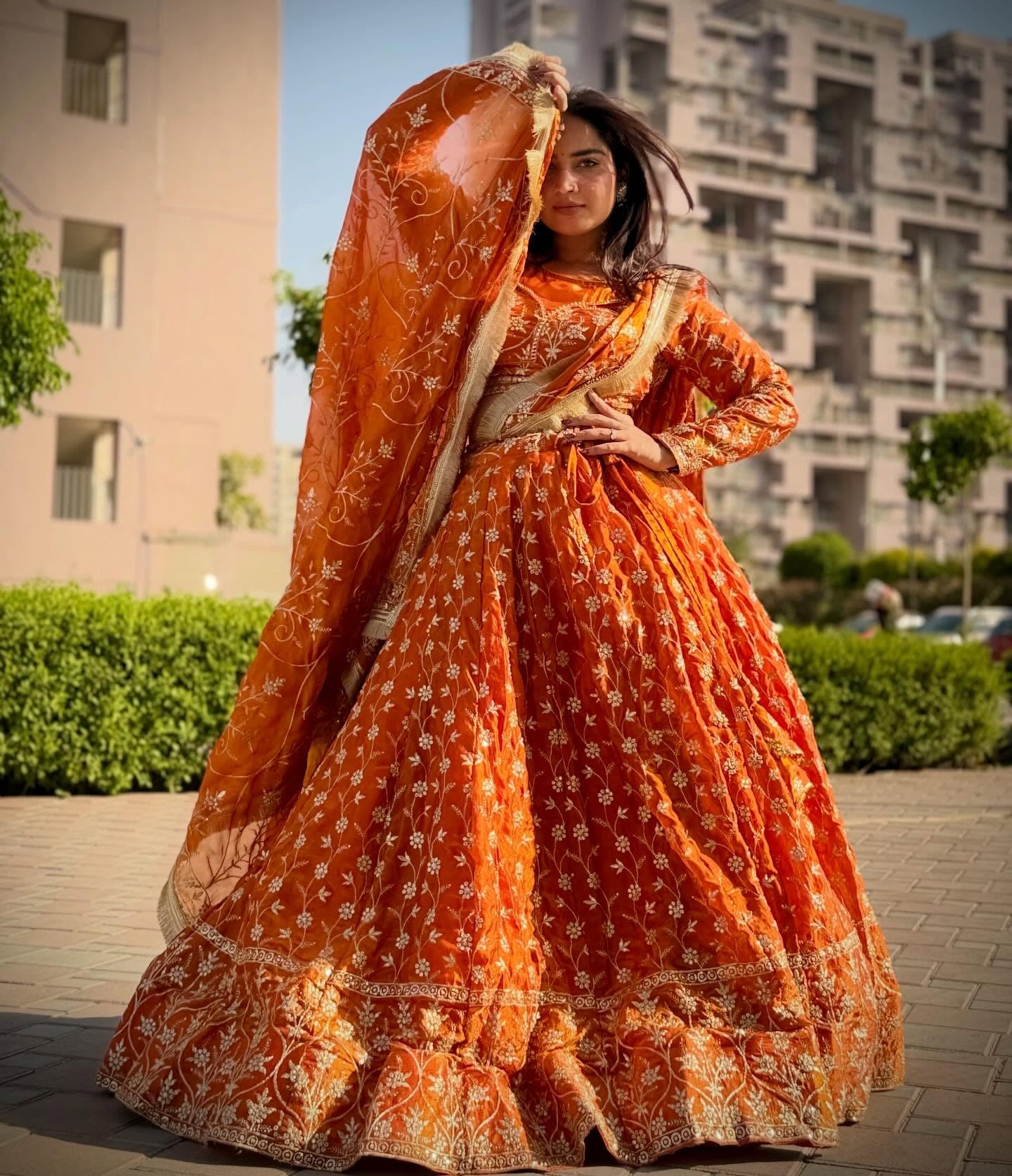 maanya special Orange Embroidered Lehenga – Floral Work Designer Wedding Wear