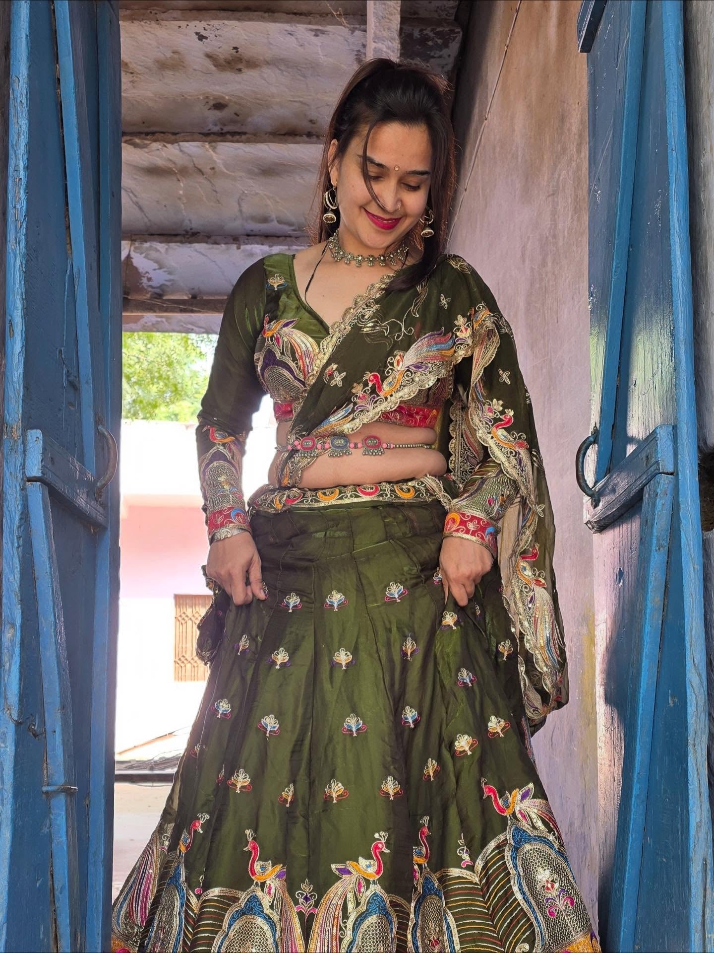 Olive Green Multicolor Embroidered Lehenga | Premium Heritage Work | Radhika Boutique