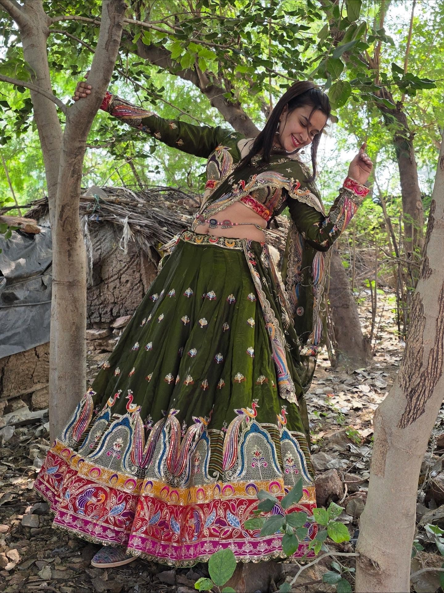 Olive Green Multicolor Embroidered Lehenga | Premium Heritage Work | Radhika Boutique