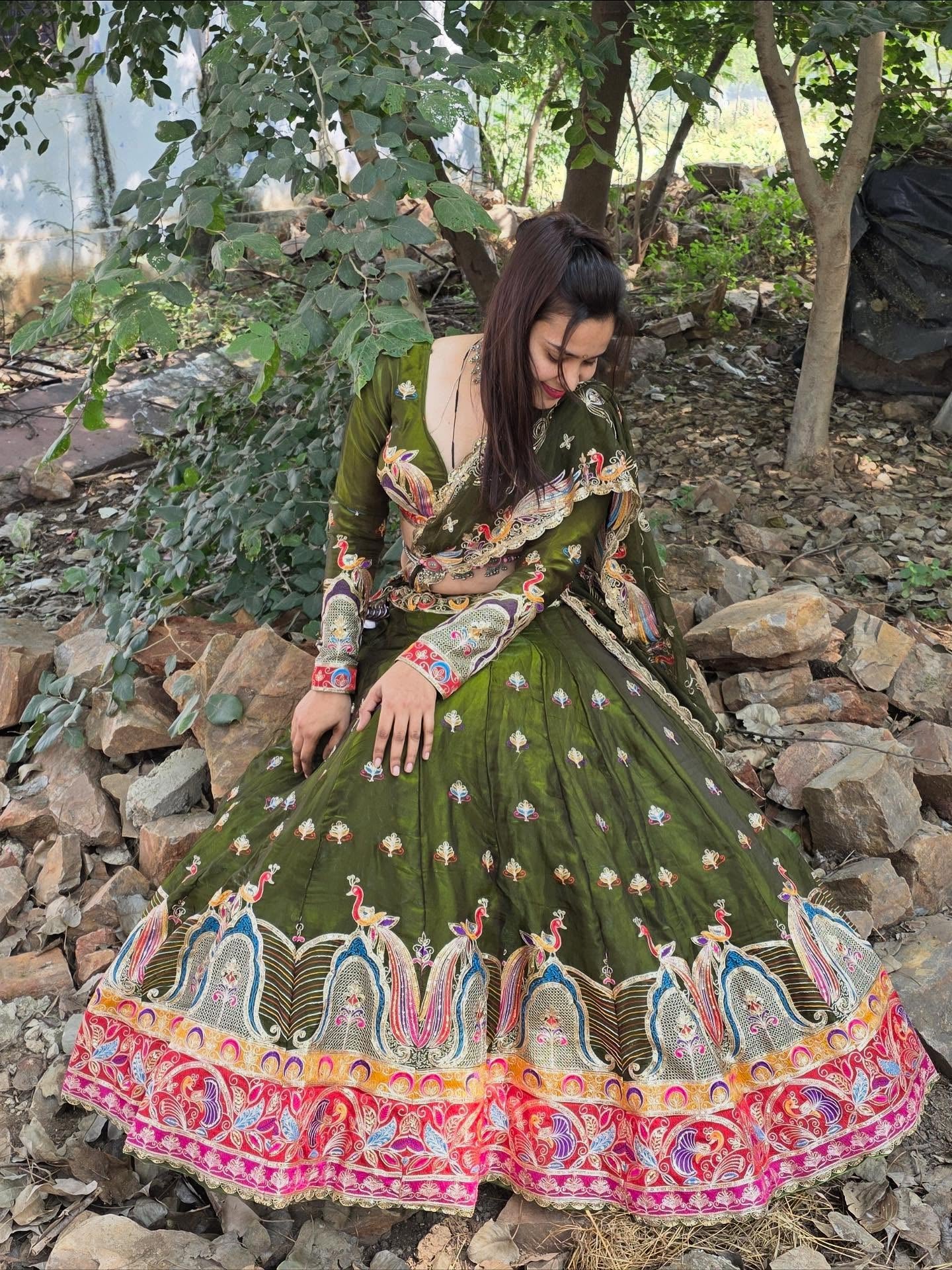 Olive Green Multicolor Embroidered Lehenga | Premium Heritage Work | Radhika Boutique