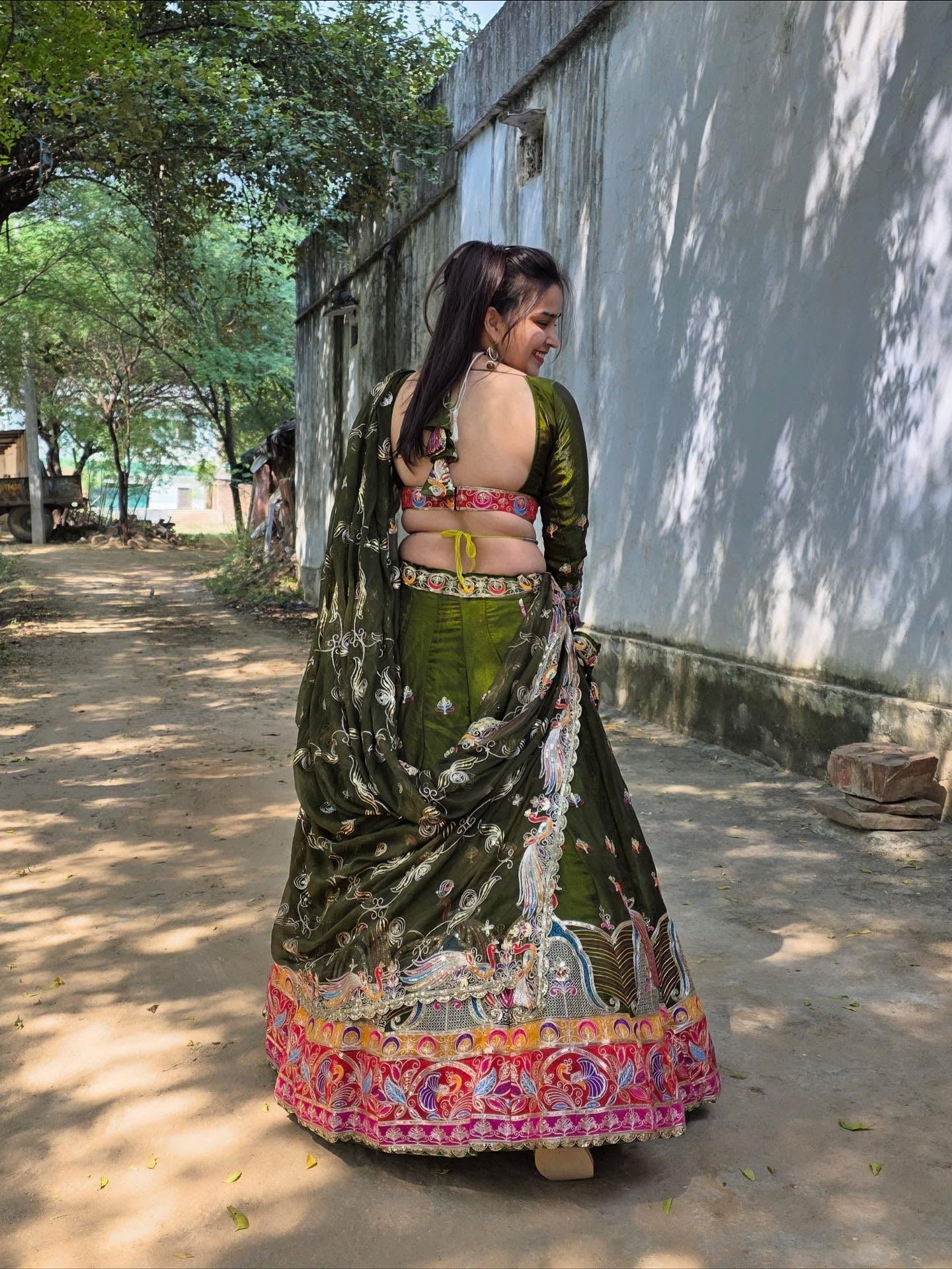 Olive Green Multicolor Embroidered Lehenga | Premium Heritage Work | Radhika Boutique