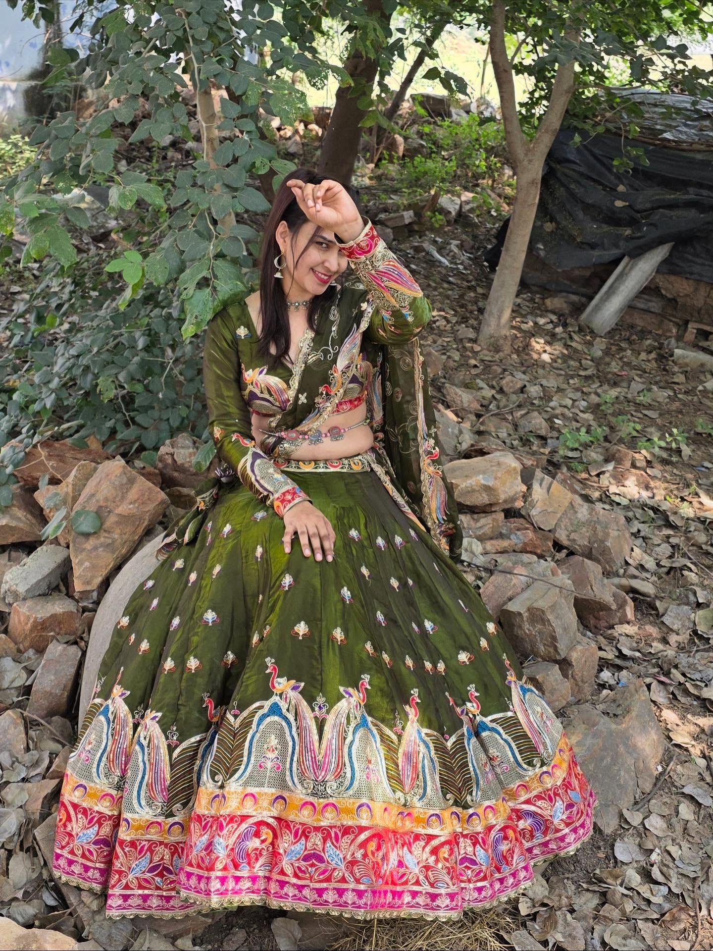 Olive Green Multicolor Embroidered Lehenga | Premium Heritage Work | Radhika Boutique