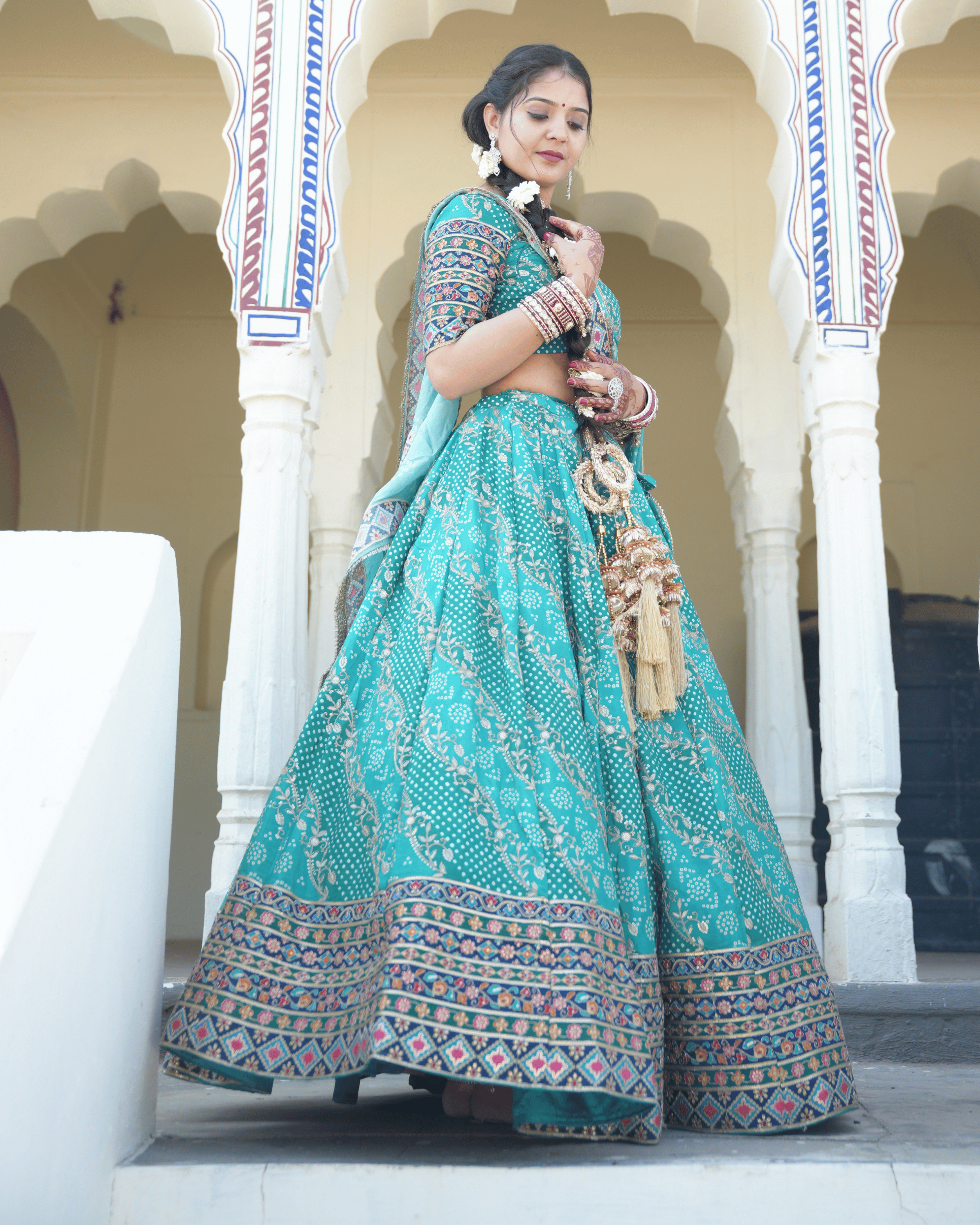 Turquoise Hand Block Print Lehenga with Dupatta | Designer Wear