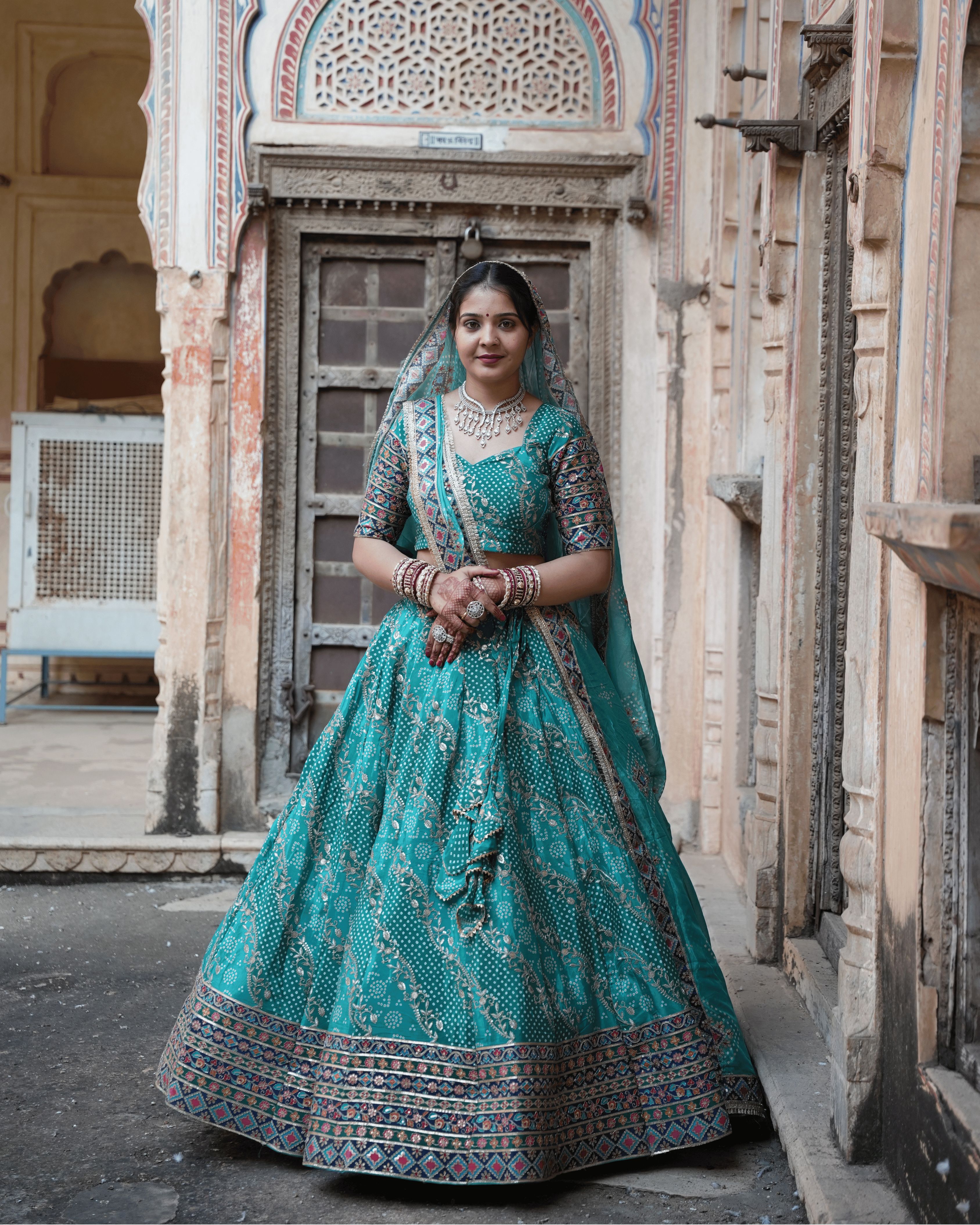 Turquoise Hand Block Print Lehenga with Dupatta | Designer Wear