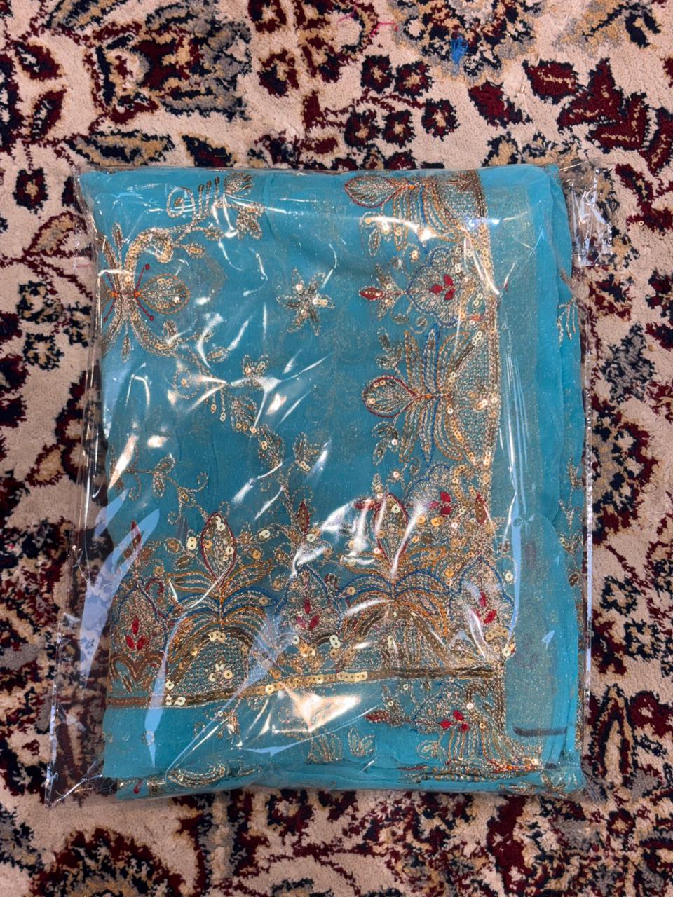 Sky Blue Heavy Embroidered Odhani with Zari & Sequin Work for Wedding