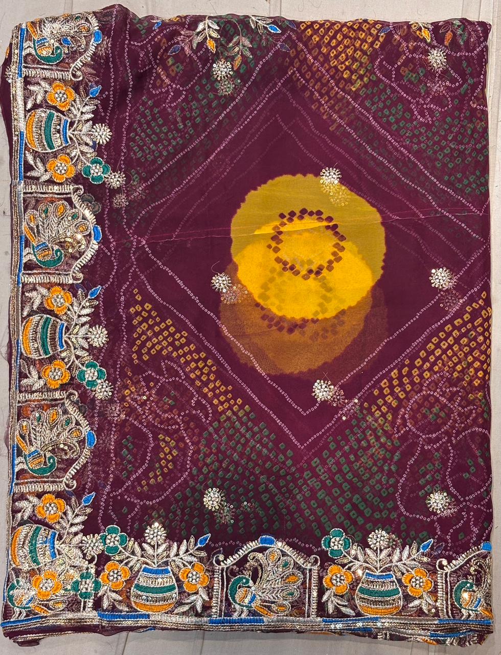 Maroon Bandhani Odhani with Heavy Embroidered Border