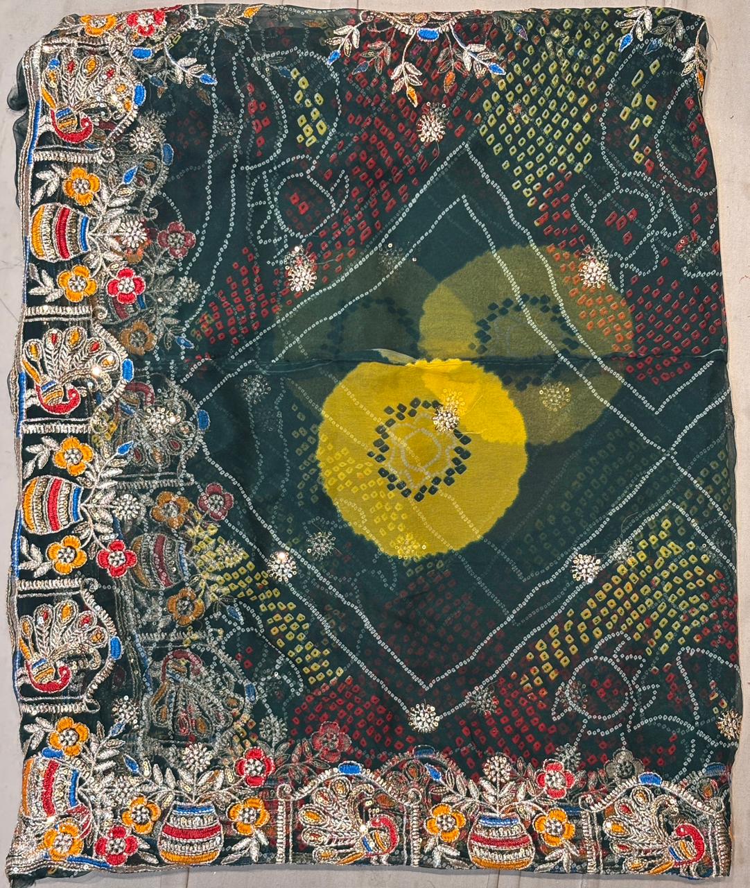 Dark Green Bandhani Odhani with Heavy Embroidered Border