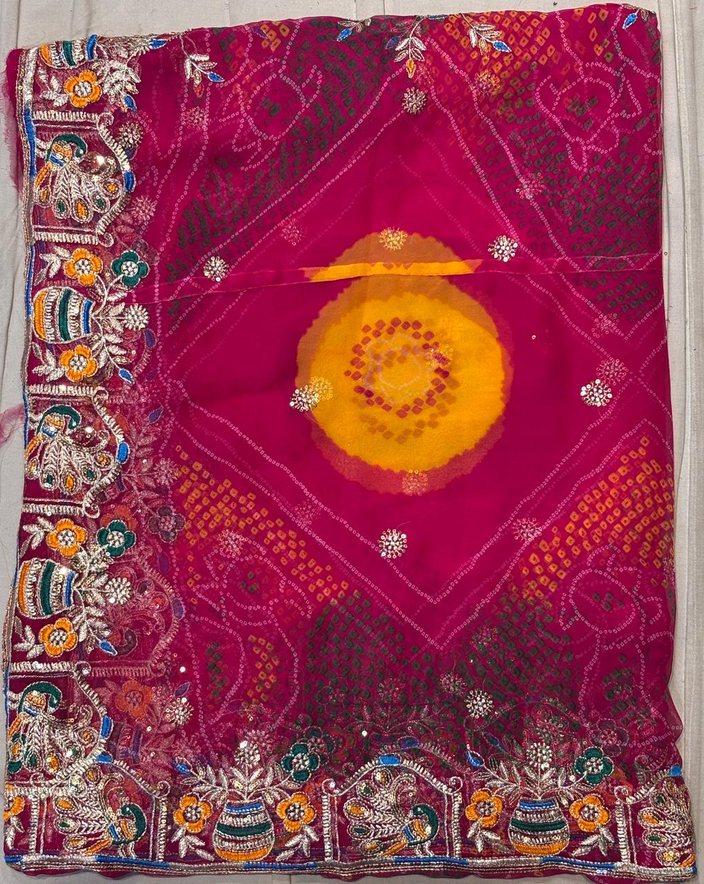 Bright Pink Bandhani Odhani with Heavy Embroidered Border