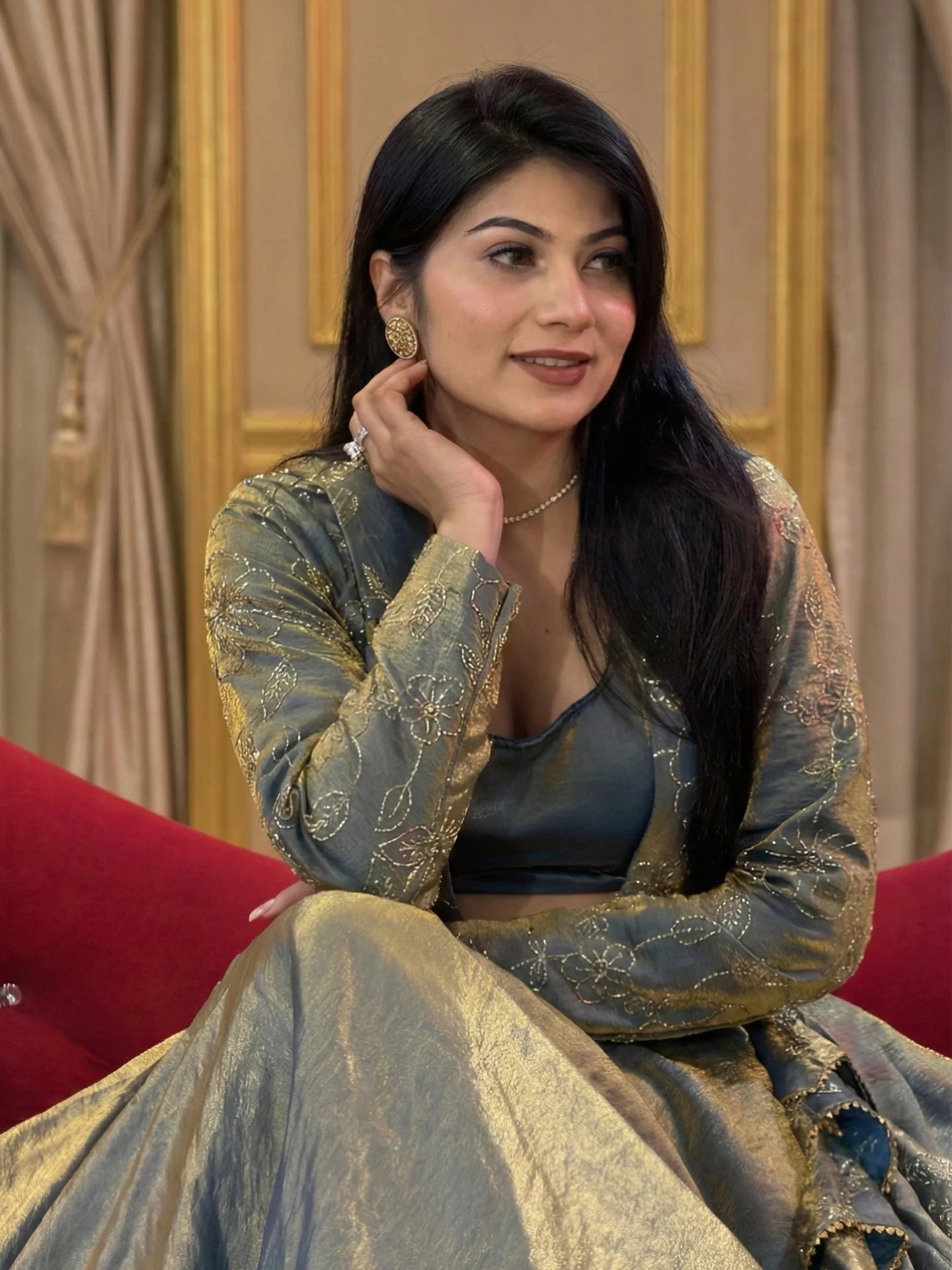 Sage Green Designer Lehenga Choli with Jacket | Gold Woven Party Wear Set