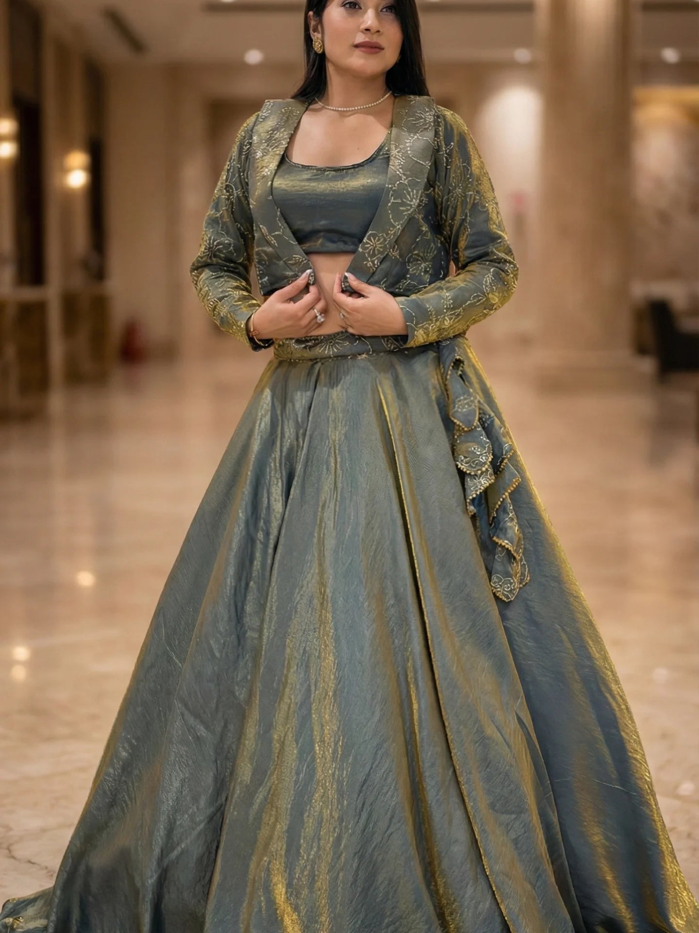 Sage Green Designer Lehenga Choli with Jacket | Gold Woven Party Wear Set