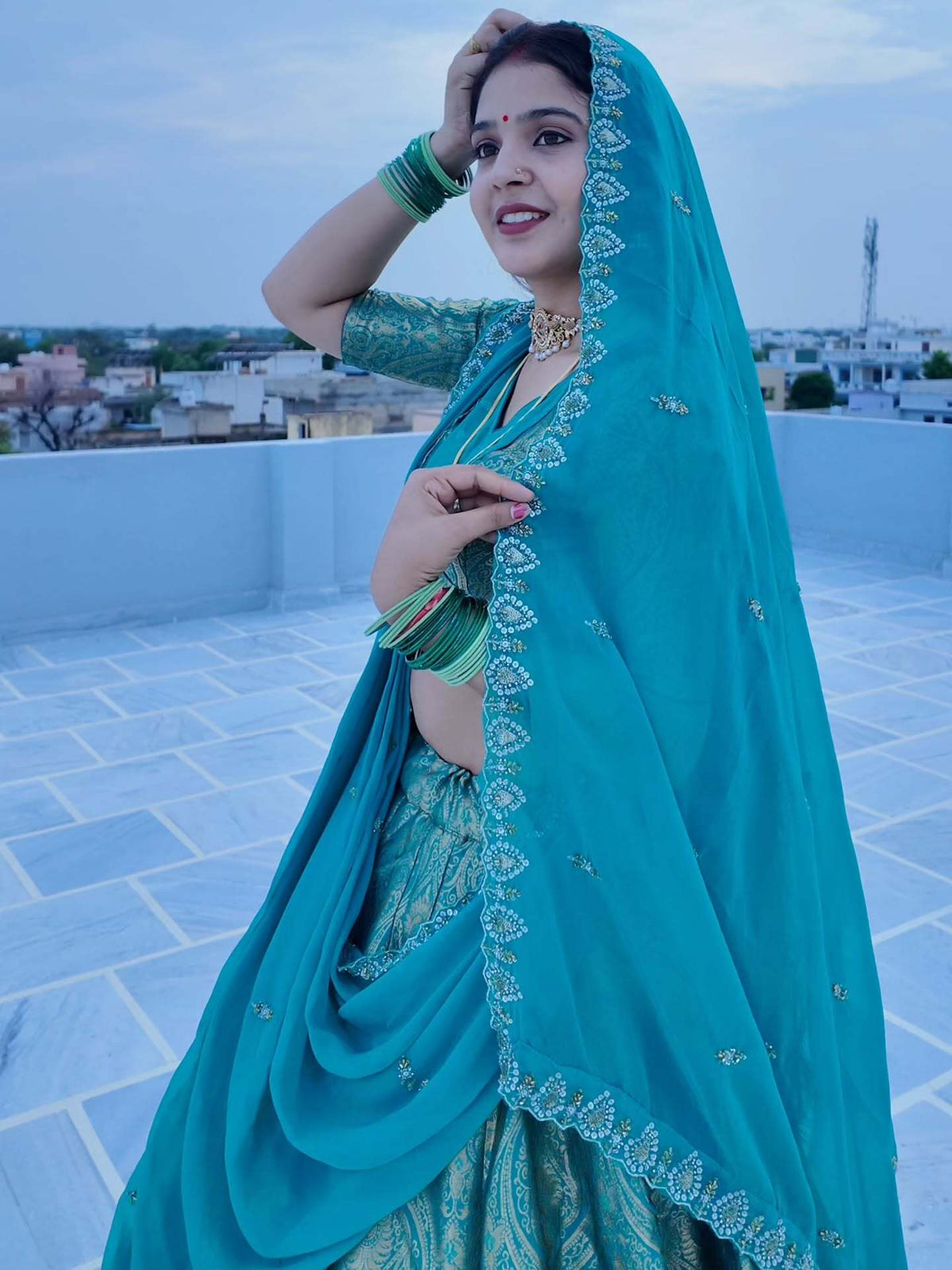 Kanjivaram Teal Blue Designer Lehenga | Radhika Boutique