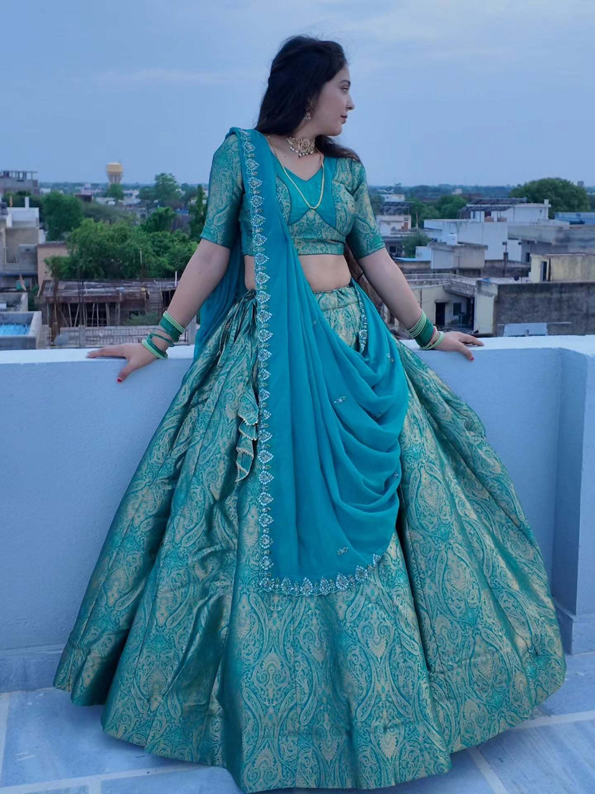 Kanjivaram Teal Blue Designer Lehenga | Radhika Boutique