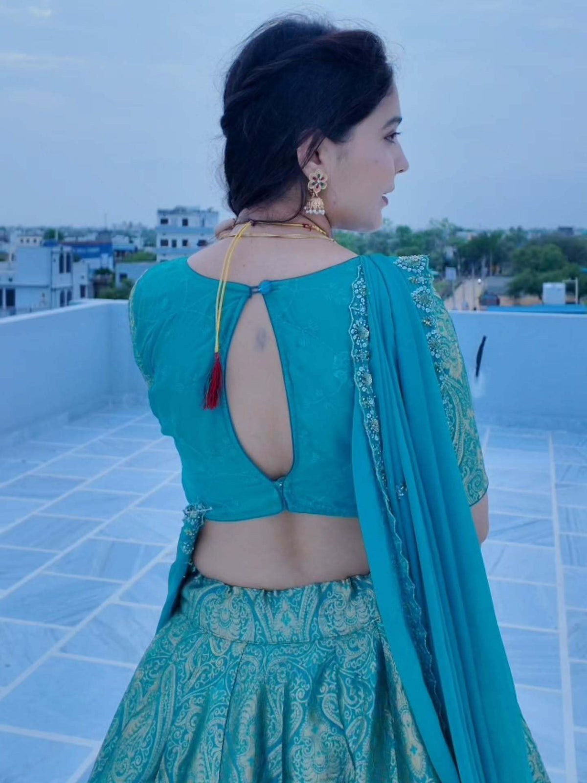 Kanjivaram Teal Blue Designer Lehenga | Radhika Boutique