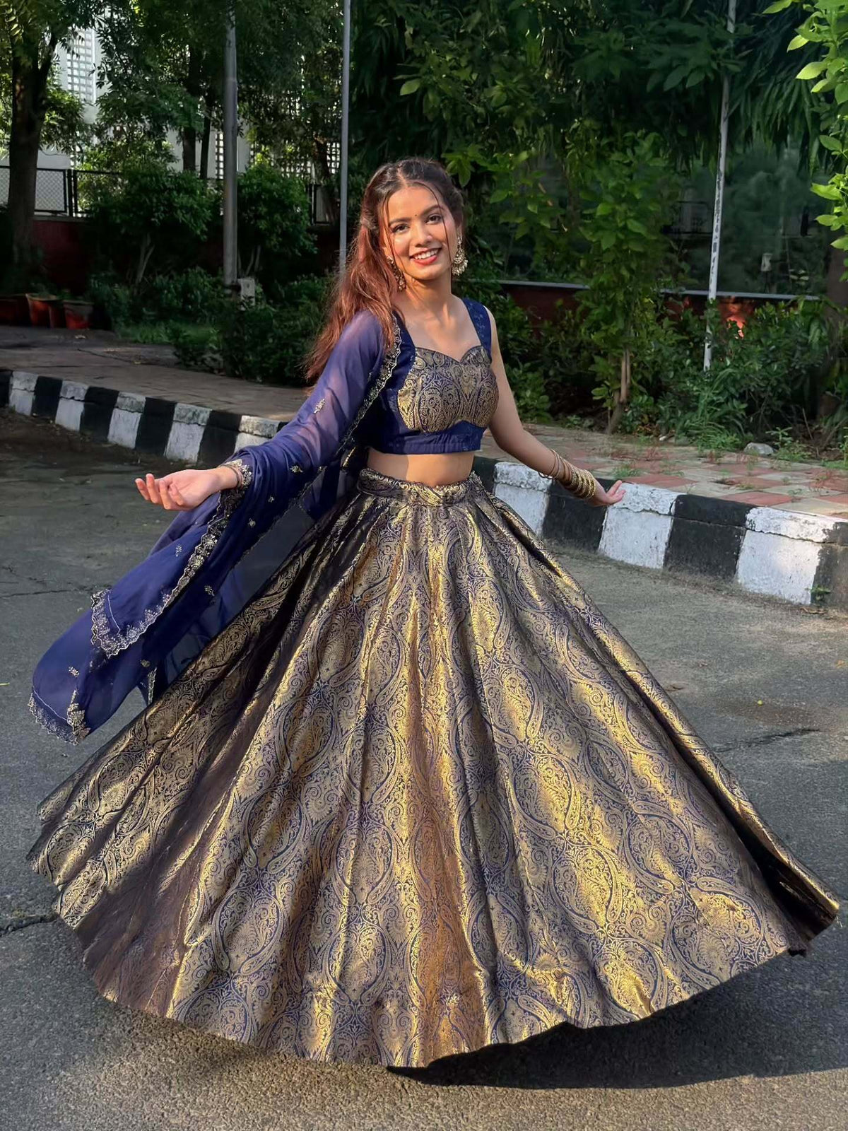 Navy Blue & Gold Kanjivaram Lehenga | Radhika Boutique