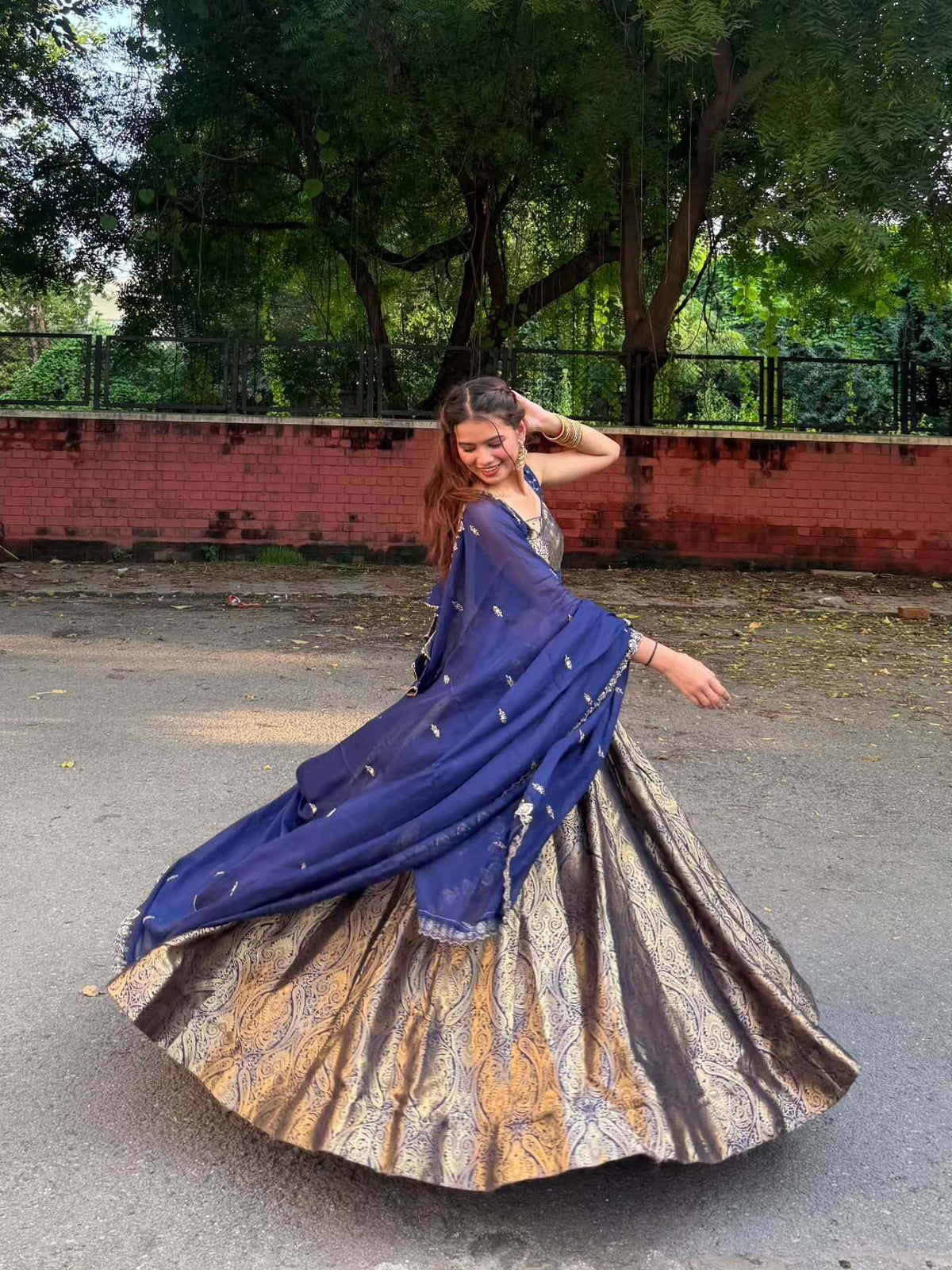 Navy Blue & Gold Kanjivaram Lehenga | Radhika Boutique