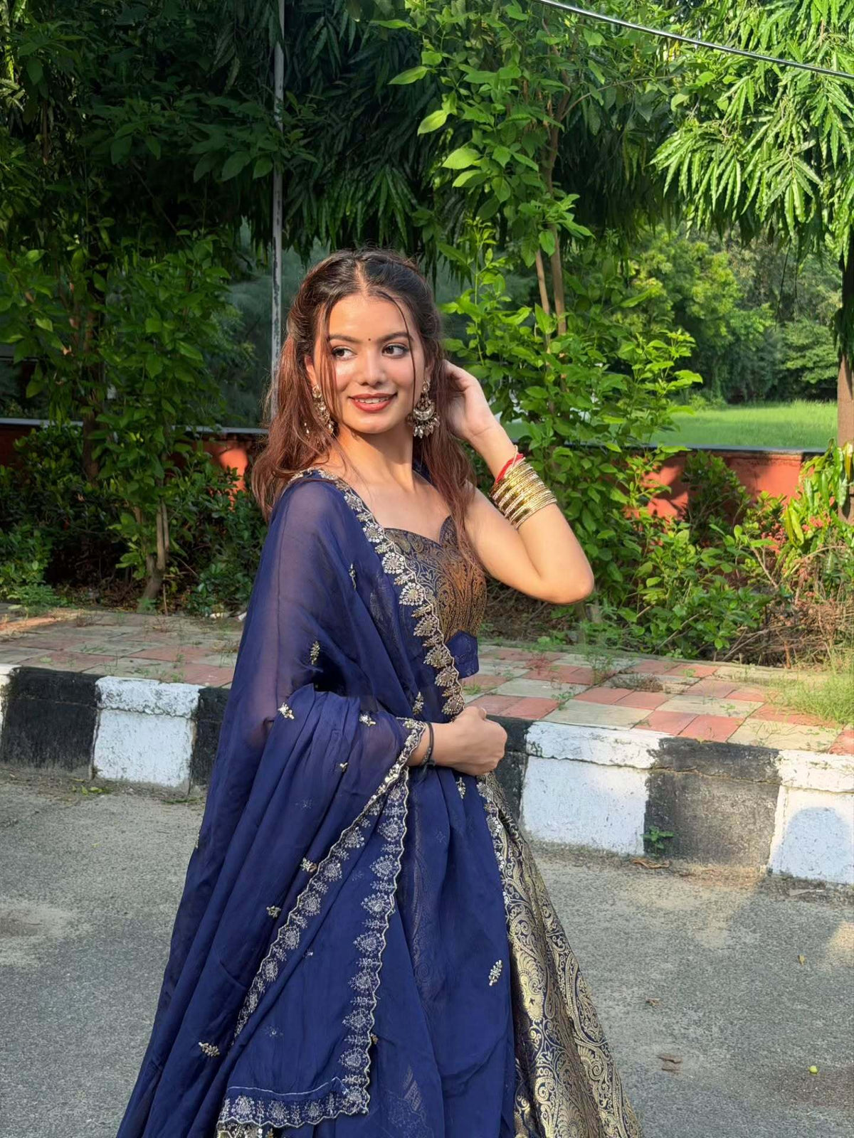 Navy Blue & Gold Kanjivaram Lehenga | Radhika Boutique
