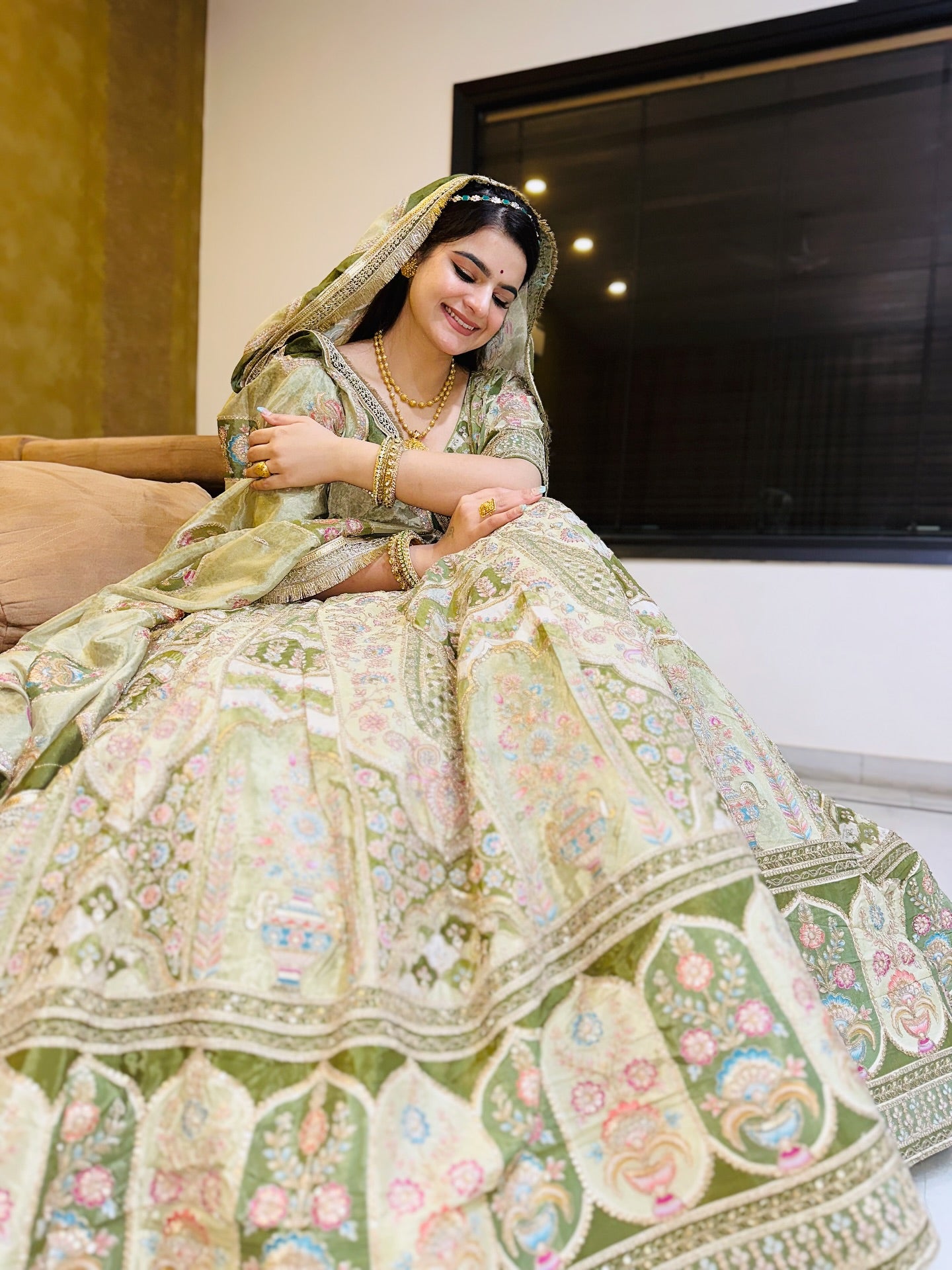 Pastel Green Heavy Pittan Work Lehenga  | Radhika Boutique